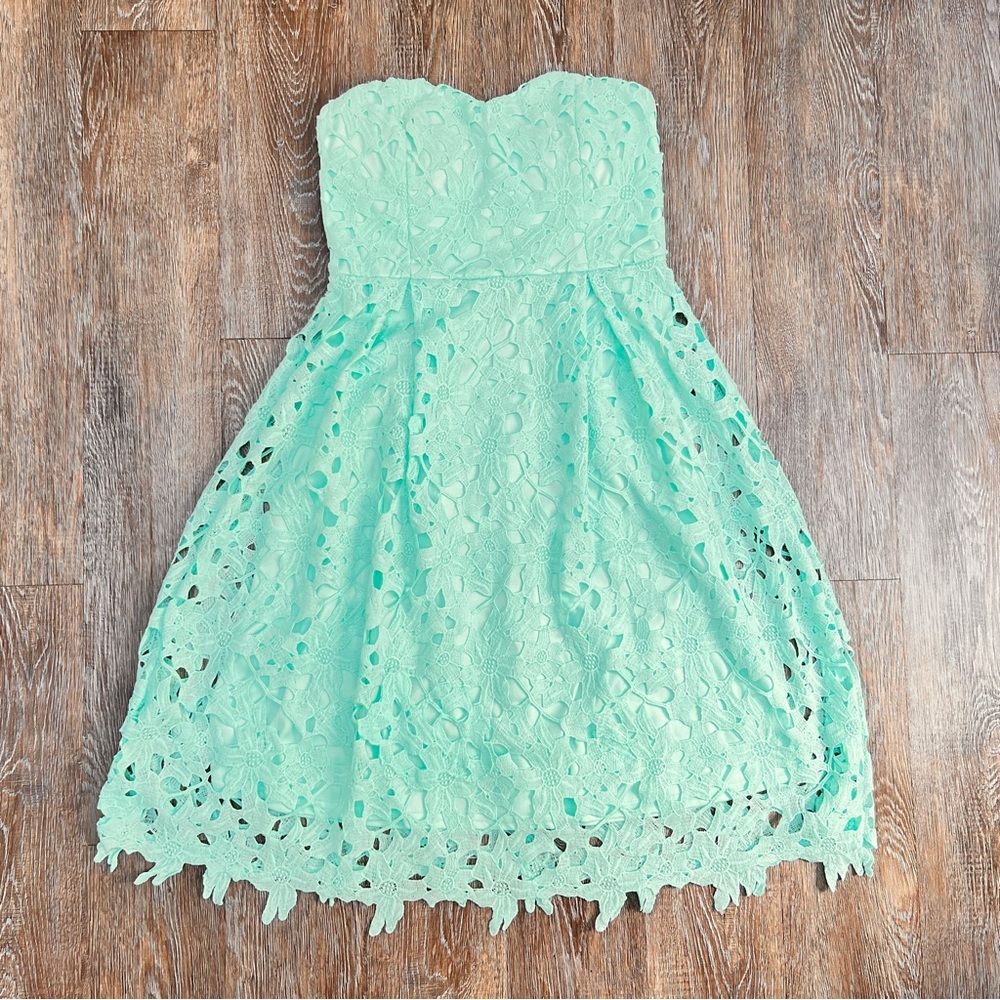 Alya Seafoam Green Floral Lace Strapless A-Line Spring Dress | Size: Large